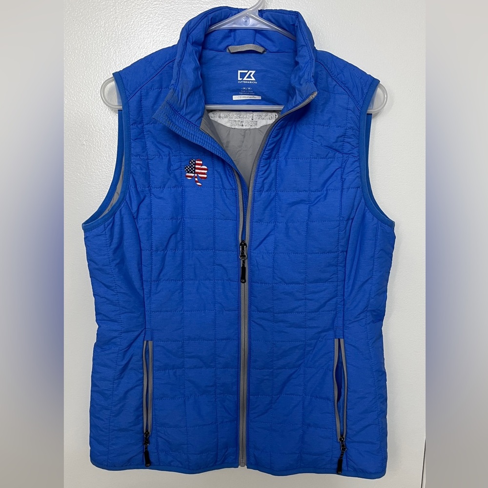 Cutter & Buck Puffer Vest Royal Blue Rainier Prima Loft American Flag Patch